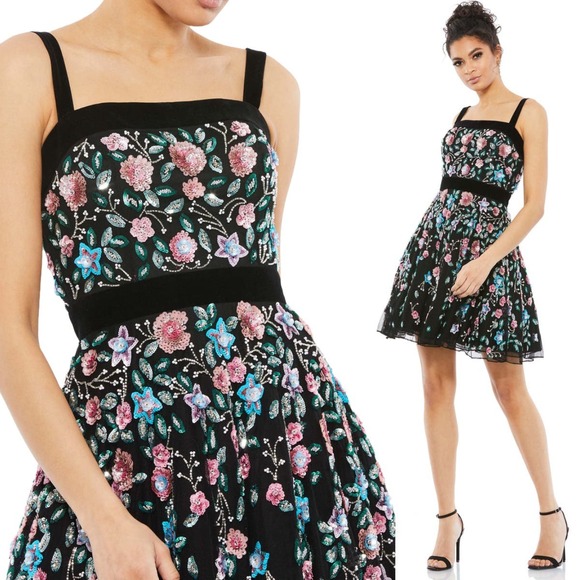 Mac Duggal NEW Black Floral‎ Embellished A-line Velvet Trim Mini Dress | Size 2 - Picture 1 of 15